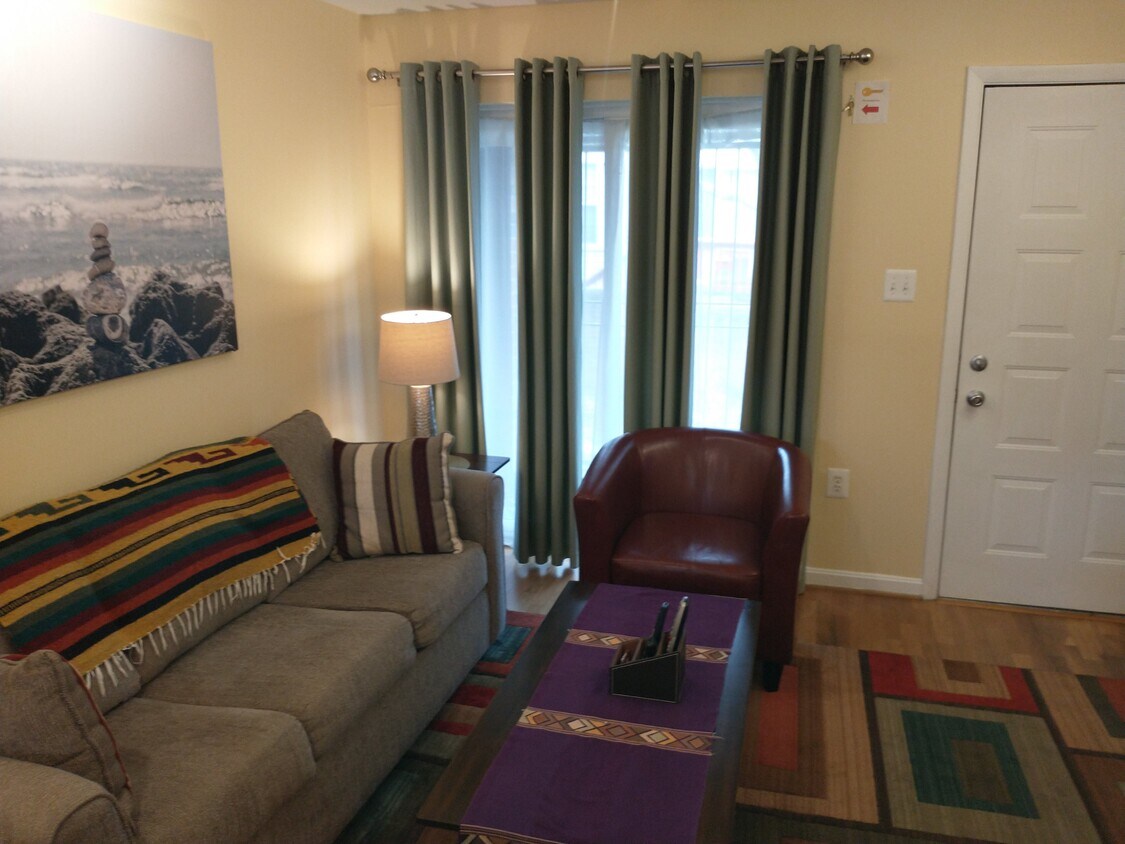 Living Room with Leather Club Chairs and room darkening curtains. - 1830 Bryant St NE