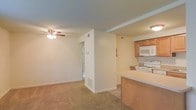 This single-floor space offers an open-concept design that seamlessly connects the kitchen and living area. The living room features wall-to-wall carpeting in a neutral beige tone, providing a warm and comfortable underfoot feel. A ceiling fan with a light fixture serves as the central overhead lighting source, contributing to both airflow and illumination in the space.

The kitchen is positioned adjacent to the living area and is partially separated by a raised breakfast bar counter, offering a natural division between the two spaces while maintaining an open feel. The kitchen is equipped with white appliances, including a range and an over-the-range microwave, and is complemented by warm-toned wooden cabinetry that provides ample storage. The countertops carry a light, neutral finish consistent with the overall color palette of the space.

A structural column and partial wall near the center of the layout define the transition zones within the unit. Visible HVAC vents are integrated into the walls, indicating a central climate control system. The overall ambiance is clean, functional, and neutral, making it a versatile and move-in-ready space.