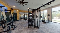 This well-appointed fitness center is thoughtfully designed to support a wide range of workout modalities under one roof. The main strength training area features durable stone-look flooring and is outfitted with an extensive selection of equipment, including a multi-station cable machine, a full rack of dumbbells, weight benches, medicine balls, and cardio machines such as treadmills and stairclimbers. Large ceiling fans provide airflow throughout the space, while wall-to-wall mirrors amplify the sense of openness. Multiple wall-mounted flat-screen televisions are positioned for easy viewing from nearly any point in the room. Natural light streams in through generous windows that frame views of mature trees and greenery outside. A separate studio area transitions seamlessly from the main floor, distinguished by warm hardwood flooring, a dramatically dark tray ceiling, and floor-to-ceiling glass windows that bathe the room in natural light. This studio is configured for barre, cycling, and group fitness classes, with a ballet barre along the mirrored wall, spin bikes, and a selection of fitness props neatly stored nearby. The overall design blends warm wood-panel wall accents with clean, modern finishes, creating an energizing yet welcoming environment suited for both focused individual training and group exercise.
