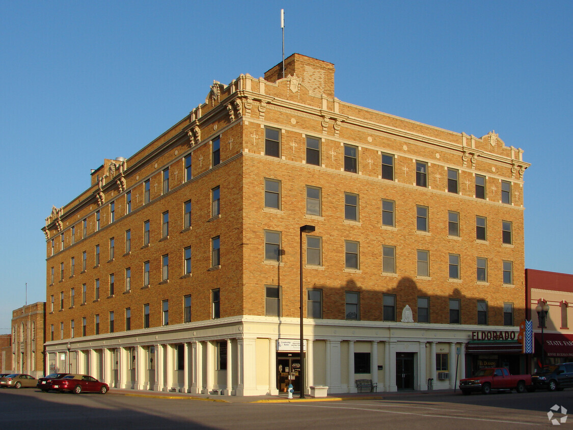 View from the west across South Main Street - El Dorado Arms Apartments