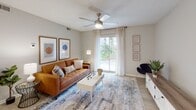 This single-floor residence offers a thoughtfully designed layout that balances comfort and functionality across its key living spaces. The living room serves as the heart of the home, featuring light wood-style flooring, a ceiling fan, and a sliding glass door that fills the space with natural light while providing direct access to an outdoor patio. Neutral gray walls and understated décor create a calm, cohesive ambiance throughout.

The kitchen is outfitted with crisp white shaker-style cabinetry, granite-look countertops, a classic subway tile backsplash, and stainless steel appliances including a refrigerator, range, microwave, and dishwasher. Light wood-style flooring continues here, enhancing the clean, modern aesthetic.

Multiple bedrooms offer plush carpeting, soft neutral walls, and ample room for furnishings. Each bedroom is served by closet space, and the layouts accommodate a range of furniture configurations. The textured ceilings add a subtle architectural detail consistent throughout the space.

The bathrooms feature granite-look vanity countertops with undermount sinks, light wood-style tile flooring, and large mirrors that enhance the sense of space. Both bathrooms are finished with clean white fixtures and ample storage.

Overall, this residence presents a cohesive, move-in-ready environment with modern finishes and a neutral palette suited to a variety of lifestyles.