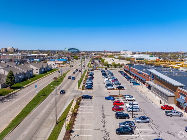 Aerial of the busy commercial area in West Milwaukee.