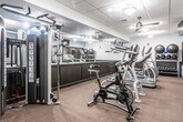 Located at 25 Vose Ave in South Orange, NJ, this fitness center offers a well-appointed, single-floor workout facility designed to support a comprehensive exercise routine. The space is thoughtfully laid out to accommodate a wide range of fitness activities, from cardiovascular training to strength and conditioning work.

The main workout area is furnished with an array of cardio equipment, including treadmills, elliptical trainers, and stationary spin bikes. Strength training is well-represented with a cable machine system, a dedicated free weights section featuring dumbbells of varying sizes, and a rack stocked with medicine balls for functional training. A workout bench adds further versatility to the strength training zone.

Wall-to-wall mirrors line one side of the space, enhancing the sense of openness and allowing users to monitor their form. Mounted flat-screen televisions provide entertainment throughout the facility. The interior is finished with neutral-toned carpet flooring, a drop ceiling with a combination of recessed and decorative flush-mount lighting, and light blue walls trimmed with rich dark wood paneling that adds a polished, upscale feel.

Access to the facility is secured via a keycard entry system, and the space connects to adjacent areas through glass-paneled, dark-framed doors. The overall atmosphere is clean, modern, and professional, making it a well-equipped destination for residents seeking a convenient on-site fitness option.