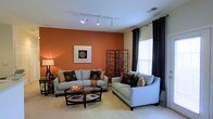 This single-floor space makes a strong visual impression through its thoughtfully designed living area. The room is anchored by a striking terracotta-orange accent wall, which adds warmth and depth to the overall aesthetic. Neutral beige tones on the remaining walls create a balanced contrast, ensuring the bold color does not overwhelm the space. Track lighting runs along the ceiling, providing flexible and well-distributed illumination throughout the room. Natural light filters in through a window dressed with elegant dark curtains, adding a touch of sophistication while allowing brightness into the interior. The living area is furnished with two light-blue sofas arranged around a dark wood oval coffee table, creating a comfortable and cohesive seating arrangement. Decorative pillows in earthy and metallic tones complement the color palette. A framed piece of wall art adds a refined focal point to the accent wall, while a decorative folding screen in the corner introduces texture and visual interest. Plush carpeting underfoot enhances the cozy atmosphere of the room. Overall, the space presents a harmonious blend of bold color, contemporary design, and comfortable furnishings, making it a welcoming and visually engaging environment.
