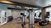 Located at 557 Roanoke Rd in Daleville, Virginia, this single-floor fitness center is a comprehensively outfitted facility designed to support a wide range of workout routines. The space is generously proportioned, offering ample room to accommodate multiple exercise zones without feeling crowded.

The cardio section lines the windowed perimeter of the room, where rows of Life Fitness treadmills, elliptical trainers, stair climbers, and stationary bikes benefit from natural light streaming through multiple large windows fitted with blinds. Ceiling fans with sleek, dark-finished blades are mounted throughout, contributing to airflow and comfort during workouts.

The strength training area features Life Fitness cable and multi-station machines, a dedicated free weight section with a full rack of dumbbells, and multiple adjustable benches for varied exercises. A functional training zone, highlighted by a bold orange accent wall, houses TRX suspension trainers, resistance bands, medicine balls, stability balls, and a cable crossover system with mirrored walls for form monitoring.

Wall-mounted flat-screen televisions provide entertainment throughout the space. The interior design combines neutral gray walls, dark ceiling beam accents, and carpet flooring, creating a modern yet functional atmosphere well-suited for focused fitness activity.