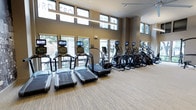 This single-floor fitness center is designed to provide a bright, spacious workout environment. The room is lined with rows of commercial-grade cardio equipment, including multiple treadmills and elliptical machines, each outfitted with individual digital display screens for entertainment and performance tracking. The layout is organized and open, allowing for comfortable movement between machines.

The space benefits from an impressive double-height ceiling with clerestory windows running along the upper perimeter, supplementing the large floor-to-ceiling windows along the primary wall. Together, these glazing elements flood the interior with natural light and offer views of the surrounding outdoor environment, creating an energizing atmosphere for exercise.

The walls are finished in a warm neutral tone, complementing the light-colored, textured carpeted flooring that runs throughout the space. Mirrored panels are incorporated along one wall, visually expanding the room and supporting functional use during workouts. Recessed and linear ceiling lighting provides consistent, even illumination throughout. Overall, the fitness center presents a clean, modern aesthetic with an emphasis on functionality and comfort.
