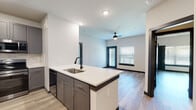 Located at 21447 FM-529 in Katy, TX, this thoughtfully designed single-story unit offers a clean, contemporary aesthetic throughout. The kitchen serves as a central highlight, featuring sleek gray shaker cabinetry with brushed hardware, white quartz countertops, a subway tile backsplash, and a full suite of stainless steel appliances including a refrigerator, range, and over-the-range microwave. A peninsula with an undermount sink and matte black faucet extends into the living area, creating a seamless open-concept flow ideal for both cooking and entertaining. Light wood-style luxury vinyl plank flooring runs consistently throughout the unit, complementing the neutral white walls and dark trim accents that define the modern design language. The living area is generously proportioned, with a ceiling fan and windows fitted with blinds that allow for natural light while maintaining privacy. The bedrooms are well-sized, each with pendant lighting fixtures, large windows offering outdoor views, and ample wall space. The bathrooms are finished with matte black fixtures and hardware, tub-shower combinations with curved curtain rods, and wood-look tile flooring. A walk-in closet with built-in shelving and rod systems provides practical storage. The overall ambiance is bright, fresh, and move-in ready, with a cohesive design palette throughout.