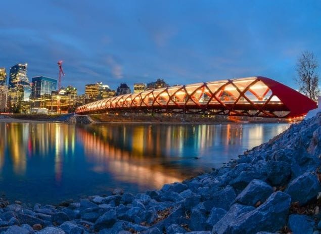The Peace Bridge, a pedestrian bridge for walking and bicycling, offers great views of the Bow River.