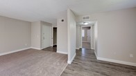 Located at 2225 Nursery Rd in Clearwater, Florida, this single-floor residence offers a clean, move-in-ready layout with thoughtfully updated finishes throughout. The spacious living area features plush wall-to-wall carpeting and a large sliding glass door dressed with vertical blinds, allowing an abundance of natural light to fill the room. Neutral-toned walls and textured ceilings create a calm, cohesive atmosphere throughout the space. The kitchen is well-equipped with white shaker-style cabinetry, granite-look countertops, a double stainless steel sink, and black appliances including a range, built-in microwave, and dishwasher. Wood-look vinyl flooring runs through the kitchen and hallway areas, providing a durable and stylish contrast to the carpeted rooms. The bedrooms are generously sized with soft carpeting and ample closet space, including a walk-in closet visible from the main hallway. The bathroom features a white vanity with under-cabinet storage, a large mirror with a lighted fixture above, and a full tub-shower combination, all finished with wood-look flooring for easy maintenance. The overall layout is efficient and open, with clear sightlines connecting the main living spaces for a comfortable, functional flow.