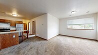 Located at 311 Bunting Ln in Mankato, Minnesota, this two-bedroom, one-bathroom residence offers a practical and comfortable single-floor layout. The open living area is finished with plush wall-to-wall carpeting and crisp white walls, creating a bright and welcoming atmosphere. A window allows natural light to fill the space, with views of the surrounding neighborhood greenery.

The kitchen is a standout feature, equipped with warm oak cabinetry, light stone-patterned countertops, and stainless steel appliances including a refrigerator, stove, and dishwasher. A peninsula with a countertop overhang provides additional prep space and a casual dining option. Rich dark hardwood-style flooring grounds the kitchen and flows into the bathroom.

Both bedrooms are carpeted and offer clean, neutral walls with functional floor vents. One bedroom includes access to a dedicated closet, providing convenient storage. The bathroom features the same dark hardwood-style flooring, warm wood-toned cabinetry, and practical fixtures including a towel bar and toilet, with a bathtub visible within.

Wood-trimmed six-panel doors are consistent throughout, adding a cohesive, traditional character to the home. The overall design is clean, functional, and well-maintained, making it an accessible and comfortable living space.