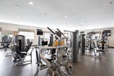 Located at 1 Meadowoods Lane in Moriches, NY, this fitness center is a thoughtfully designed, single-floor facility offering a comprehensive workout environment. The space is finished with durable speckled rubber flooring throughout, providing both safety and functionality for a variety of exercise activities.

The facility is organized into distinct workout zones. The cardio area is well-stocked with treadmills, upright and recumbent stationary bikes, elliptical trainers, and a spin bike, all from reputable brands including True Fitness. Multiple wall-mounted flat-screen televisions are positioned throughout the space, allowing users to stay entertained during cardio sessions.

The strength training zone features a selection of cable and selectorized weight machines, a dedicated free-weight area with a full dumbbell rack, and stability balls, accommodating a wide range of resistance training needs. Large wall-to-wall mirrors are installed along one side of the facility, enhancing the sense of openness and allowing users to monitor their form.

Natural light filters in through multiple windows dressed with patterned valances, complementing the warm, neutral-toned walls and recessed lighting overhead. Glass-paneled entry doors and crown molding add a polished, refined finish to the space. The overall ambiance is clean, organized, and welcoming.