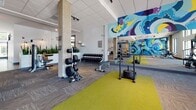 Located at 1200 Bridgeport Way in Suffolk, Virginia, this fitness center is a thoughtfully designed, single-floor facility offering a comprehensive workout environment. The space is immediately distinguished by a large, colorful mural depicting swirling waves and abstract forms, serving as a dynamic focal point throughout the room. Patterned carpet tiles in earthy tones cover much of the floor, while bright yellow-green rubber flooring defines the dedicated free weights and strength training zone.

The cardio area is well-appointed with multiple treadmills, elliptical trainers, and rowing machines positioned along a wall of large windows that invite abundant natural light and provide views of the surrounding community. A wall-mounted television supports on-demand workout programming in this section.

The strength training area features a cable machine, weight benches, a full dumbbell rack, and plate-loaded equipment, all positioned around structural columns and complemented by a floor-to-ceiling mirror. An adjoining functional training zone offers stability balls, balance tools, and wall-mounted shelving for accessories.

The entry area includes a welcoming foyer with raised planter boxes filled with tall greenery, lending a clean, modern aesthetic. Track lighting and recessed ceiling fixtures ensure consistent illumination throughout. The overall ambiance is energetic yet organized, designed to support a wide range of fitness activities.