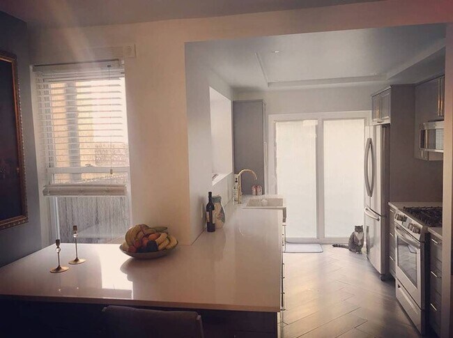 Newly renovated kitchen with modern appliances and sliding door with build it blinds. - 1815 Memphis St