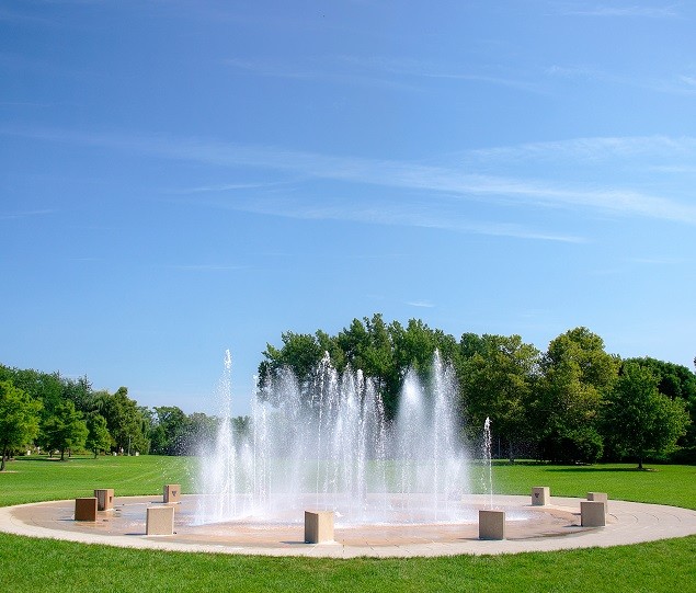 Headwaters Park includes an impressive fountain, bike paths, and an ice-skating rink