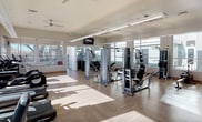 This modern fitness center is thoughtfully designed to support a full range of exercise disciplines across a single, open floor. The space is flooded with natural light through large, floor-to-ceiling windows on multiple walls, offering views of the surrounding outdoor areas and mature trees that create an energizing workout environment. Warm wood-look flooring runs throughout, complemented by crisp white walls and bold teal accent walls that add a contemporary aesthetic touch. Ceiling fans are positioned throughout to maintain airflow and comfort.

The main workout area is generously proportioned, housing a robust selection of cardio equipment including treadmills, elliptical trainers, and stationary bikes, all positioned to take advantage of the natural light and outdoor views. A dedicated strength training zone features a comprehensive array of cable machines, selectorized weight stations, and a full dumbbell rack with an adjacent adjustable bench, backed by wall-to-wall mirrors. A separate studio space opens via large glass garage-style doors, offering a bright, airy setting for cycling classes, yoga, and functional training, complete with spin bikes, resistance bands, stability balls, and TRX suspension systems. A mounted flat-screen television adds to the amenities, and the open layout ensures ample space for movement and group exercise throughout.