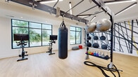 This expansive fitness center is thoughtfully designed to accommodate a full spectrum of workout needs across multiple distinct zones. The strength training area features patterned carpet in grey and yellow, bold dark accent walls, and striking black acoustic ceiling panels suspended above multi-functional cable machines, weight benches, dumbbell racks, and a power rack with barbell equipment. Round pendant lighting and ceiling fans complement the energetic atmosphere throughout. A dedicated functional training studio offers light hardwood flooring, large black-framed windows with lush outdoor views, and a ceiling-mounted rig equipped with a heavy punching bag, battle ropes, resistance bands, medicine balls, stability balls, and a full set of kettlebells — providing everything needed for dynamic, high-intensity workouts. The cardio zone houses a row of treadmills positioned in front of generous windows that bring in natural light and views of surrounding greenery, enhanced by a warm wood-panel ceiling detail. Mirrored walls throughout amplify the sense of space. The overall design blends contemporary aesthetics with functional layout, creating a professional-grade facility that is both visually striking and highly practical for users of all fitness levels.