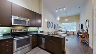 This thoughtfully designed 1-bedroom, 1-bathroom residence makes excellent use of its single-floor layout, offering an open-concept living experience highlighted by dramatically high ceilings that create an impressive sense of volume throughout. The kitchen is a standout feature, equipped with stainless steel appliances including a refrigerator with ice maker, electric range, and built-in microwave. Rich dark cabinetry, dark granite countertops, a green tile backsplash, and a peninsula island with a deep basin sink make the kitchen as functional as it is visually striking. Pendant lighting above the island adds an elegant touch. The living area flows naturally from the kitchen and is bathed in natural light from large windows and a glass door that open to outdoor views of a pool area. Wood-style flooring runs through the main living spaces, complemented by a ceiling fan overhead. The bedroom offers plush carpeting, soaring ceilings, a ceiling fan, and ample natural light from a large window. The bathroom continues the dark cabinetry and granite countertop theme, featuring a wide vanity with a framed mirror and direct access to a walk-in closet with a built-in rod system. The overall ambiance is modern and sophisticated, with consistent finishes tying each space together cohesively.
