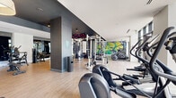 Located at 780 S 52nd St in Philadelphia's 19143 neighborhood, this contemporary fitness center offers a generously proportioned exercise space designed with both function and aesthetics in mind. The single-floor layout is finished with light wood-look flooring throughout, providing a clean and durable surface suited to high-traffic workouts. Dark charcoal accent walls and bold black ceiling details contrast with bright white walls and recessed lighting, creating a striking, modern atmosphere. A standout artistic mural featuring vibrant graffiti-style artwork serves as a dynamic focal point, adding an urban energy to the space. Floor-to-ceiling glass windows and sliding doors flood the cardio area with abundant natural light and offer open views to an adjoining outdoor terrace, seamlessly blending interior and exterior environments. The fitness floor is comprehensively equipped, featuring a cable and pulley multi-station, a Smith machine with bench press, a full dumbbell rack, plyo boxes, a rowing machine, elliptical trainers, stationary cycling bikes with integrated displays, and multiple treadmills. Large mirrors are strategically placed to expand the sense of space and allow users to monitor their form. Overhead pendant lighting adds a refined touch, while the overall layout ensures ample open floor space for functional and free-form training.