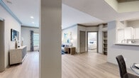 This thoughtfully designed single-floor residence offers a seamless blend of comfort and modern style. Light wood-look flooring flows throughout the open-concept main living areas, unifying the spacious living room, dining area, and kitchen into a cohesive, airy space. The living room features a ceiling fan, recessed lighting, and built-in shelving, while an octagonal tray ceiling adds architectural distinction to the dining area nearby. The kitchen is well-equipped with white shaker-style cabinetry, a subway tile backsplash, white quartz countertops, and a full suite of stainless steel appliances including a refrigerator, range, microwave, and dishwasher. Three bedrooms each feature plush carpeting, ceiling fans, crown molding, and generous windows that invite abundant natural light and outdoor views. One bedroom doubles effectively as a home office with ample desk space. The primary bathroom offers a long vanity with white cabinetry and a walk-in shower, while the secondary bathroom features a full soaking tub and shower combination alongside a walk-in closet. Throughout, the neutral color palette, clean lines, and quality finishes create a bright, welcoming ambiance suitable for a variety of lifestyles.