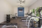 This fitness center offers a well-organized and functional workout environment within a single open room. The space features vaulted ceilings that enhance the sense of openness, while two ceiling fans promote comfortable air circulation throughout. The interior is finished with neutral white walls, accented by a bold blue painted panel on the rear wall that houses a wall-mounted flat-screen television, providing visual entertainment during workouts.

Large windows along one side of the room, along with glass double entry doors at one end, allow abundant natural light to fill the space and offer views of the surrounding outdoor area. The floor is covered in durable, multi-toned carpet tiles that add texture and a degree of comfort underfoot.

Equipment is thoughtfully arranged throughout the room and includes multiple treadmills, elliptical cross-trainers, and upright spin bikes for cardiovascular training. A tiered dumbbell rack stocked with a range of free weights caters to strength training needs, complemented by an adjustable workout bench. The layout allows for clear circulation between machines, ensuring a safe and accessible workout experience. Overall, the fitness center presents a clean, modern aesthetic with practical amenities suited for a variety of exercise routines.