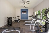This fitness center offers a well-organized and functional workout environment within a single open room. The space features vaulted ceilings that enhance the sense of openness, while two ceiling fans promote comfortable air circulation throughout. The interior is finished with neutral white walls, accented by a bold blue painted panel on the rear wall that houses a wall-mounted flat-screen television, providing visual entertainment during workouts.

Large windows along one side of the room, along with glass double entry doors at one end, allow abundant natural light to fill the space and offer views of the surrounding outdoor area. The floor is covered in durable, multi-toned carpet tiles that add texture and a degree of comfort underfoot.

Equipment is thoughtfully arranged throughout the room and includes multiple treadmills, elliptical cross-trainers, and upright spin bikes for cardiovascular training. A tiered dumbbell rack stocked with a range of free weights caters to strength training needs, complemented by an adjustable workout bench. The layout allows for clear circulation between machines, ensuring a safe and accessible workout experience. Overall, the fitness center presents a clean, modern aesthetic with practical amenities suited for a variety of exercise routines.