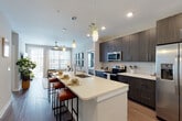 This single-floor residence is designed with a modern aesthetic and a thoughtful open-concept layout. The kitchen serves as a central hub, featuring dark espresso cabinetry, white quartz countertops, stainless steel appliances, and a large island with an undermount sink and seating for casual dining. Pendant lighting above the island adds a contemporary touch, while the seamless flow into the living area creates an expansive, connected feel. The living room benefits from large windows that invite abundant natural light and views of the surrounding area, complemented by a ceiling fan and room for comfortable seating arrangements.

The primary bedroom features a bold navy accent wall, carpet flooring, and ample natural light, lending a stylish yet restful ambiance. Its en-suite bathroom offers a dual-sink vanity with white cabinetry, wood-look flooring, and a glass-enclosed shower. A generously sized walk-in closet with multiple hanging rods provides excellent storage capacity. A second bedroom, finished with soft carpet and large windows, is served by an additional full bathroom featuring a tub-shower combo, single vanity, and wood-look flooring. Throughout, the residence maintains a cohesive, contemporary design.