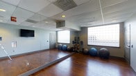 This single-floor fitness studio is designed to support a variety of workout routines in a clean, functional environment. The room features rich hardwood flooring that adds warmth to the otherwise sleek, modern aesthetic. A full-length mirror spans one wall from floor to ceiling, creating a sense of expanded space and allowing users to monitor their form during exercise. The drop ceiling with recessed lighting provides even, consistent illumination throughout the room.

Two glass block windows allow natural light to filter in while maintaining privacy, brightening the space without direct exposure. The walls are finished in a cool grey tone, contributing to a focused, professional atmosphere. Equipment is neatly organized along the perimeter, including a rack of medicine balls in varying weights and a collection of large stability balls. A wall-mounted television is positioned for easy viewing during workouts. A single door provides access to the space, keeping the layout open and unobstructed. Overall, the studio offers a versatile, well-organized environment suited for stretching, strength training, and group fitness activities.