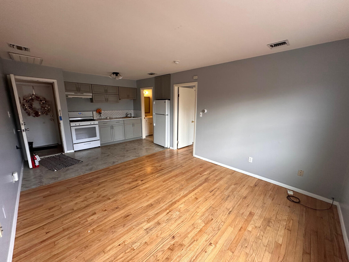 Main Room, standing in living area facing the kitcehn, bathroom and bedroom entrances. - 258 S Main St