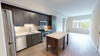 Located at 2827 Telek Pl in Alexandria, Virginia, this well-appointed one-bedroom, one-bathroom residence offers a thoughtfully designed layout across a single floor. The open-concept kitchen and living area serves as the heart of the home, featuring sleek dark wood cabinetry extending to the ceiling, crisp white quartz countertops, a tile backsplash, and a full suite of stainless steel appliances including a range, microwave, and dishwasher. A kitchen island provides additional prep and dining space. Light wood-style flooring runs throughout the living area and hallway, lending a clean, contemporary feel. The spacious living room offers generous wall space and flows naturally toward the entry hallway. The bedroom is a comfortable retreat finished with plush carpeting, elevated ceilings, and large windows that invite abundant natural light and outdoor views. Two closets serve the bedroom, one of which is a walk-in fitted with wire shelving and hanging rods for organized storage. The full bathroom is finished with tile flooring, a wood-toned vanity with a white countertop, a large mirror with overhead lighting, and a tub-shower combination with tile surround. Neutral tones and modern finishes throughout create a cohesive, move-in ready environment.