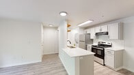 This thoughtfully laid-out 1-bedroom, 1-bathroom residence offers a clean, modern aesthetic throughout its single floor. Light-toned luxury vinyl plank flooring runs seamlessly across all rooms, creating a cohesive and easy-to-maintain living environment. The open-concept kitchen and living area form the heart of the home, with the kitchen featuring white shaker-style cabinetry, a white quartz peninsula with an integrated sink, stainless steel appliances including a gas range and refrigerator, and warm wooden floating shelves for added character. A ceiling fan overhead serves the adjoining living area, which is bathed in natural light and opens directly onto a private balcony through a full-width sliding glass door, offering pleasant views of surrounding greenery. The bedroom is a comfortable, well-proportioned retreat with a large window allowing natural light and a sliding double-panel closet providing ample storage. An additional walk-in storage closet is also accessible from the bedroom. The bathroom is clean and functional, finished with wood-look flooring, a full tub-shower combination with brushed nickel fixtures, and a vanity. The overall ambiance is bright, neutral, and move-in ready.