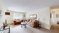 Located at 2211 Eastlawn Dr in Midland, Michigan, this single-floor, three-bedroom, one-bathroom home offers a functional and comfortable layout. The living room serves as the heart of the home, featuring plush wall-to-wall carpeting, neutral cream-toned walls, and a large window that invites generous natural light and views of surrounding greenery. The kitchen is outfitted with white cabinetry — both upper and lower — a double-basin sink, a white electric range, and warm hardwood-style flooring that adds a welcoming contrast to the bright cabinetry. The primary bedroom is a well-proportioned retreat with carpet flooring, a wide louvered double closet, and a window with vertical blinds allowing soft, diffused light. Two additional bedrooms each feature carpet flooring, windows overlooking outdoor foliage, and closet storage, making them well-suited for various uses. The shared bathroom presents a clean, classic design with full white tile surrounding the bathtub-shower combination, mosaic tile flooring, and a window providing natural ventilation. A hallway connects the rooms throughout the home, contributing to an efficient and practical floor plan. Overall, the space maintains a clean, neutral aesthetic throughout.