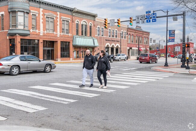 The downtown square in Greenfield is a great place for to visit local businesses.