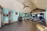Located at 2801 NW 91st Ave in Coral Springs, Florida, this fitness center offers a well-equipped workout space designed to support a variety of exercise routines. The room features striking vaulted ceilings accented by recessed lighting and ceiling fans, creating an open, airy atmosphere despite the intimate footprint of the space. The two-tone color scheme — a vibrant teal on one side and a deep charcoal on the other — gives the gym a modern, energetic feel. A large wall mirror runs along one side, visually expanding the room and allowing users to monitor their form during workouts. The durable rubber flooring provides both comfort and safety underfoot. Cardio equipment includes treadmills, an elliptical, and a stationary bike, while a multi-station cable machine and a full rack of dumbbells cater to strength training needs. Additional accessories such as medicine balls, a stability ball, and aerobic step platforms round out the functional fitness options. Natural light filters in through multiple windows, keeping the space bright and inviting. A water cooler and waste receptacle near the entrance add to the overall convenience of the facility. The gym's thoughtful layout maximizes the available space, making it an efficient and motivating environment for daily exercise.