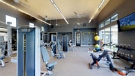 This fitness center offers a comprehensive workout environment designed to accommodate a wide variety of training styles and fitness goals. The space is outfitted with professional-grade Matrix strength machines positioned throughout the main floor, providing ample room to move between stations comfortably. Cardio equipment, including stationary bikes, complements the strength training offerings, while TRX suspension trainers mounted to the wall cater to functional and bodyweight training. A dedicated accessory wall displays stability balls, foam rollers, and medicine balls, ensuring a full range of supplementary fitness tools are readily accessible. The interior features a neutral speckled floor, deep navy-blue accent walls, and elevated ceilings fitted with sleek linear lighting and ceiling fans that maintain airflow and comfort throughout the space. Large windows along the perimeter allow natural light to filter in, creating an open and energizing atmosphere. A glass-paned door provides access to an adjacent area, adding to the sense of connectivity and flow. The overall design balances functionality with a modern, polished aesthetic, making this fitness center a well-rounded facility suitable for users of all fitness levels.