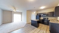 This single-floor residence showcases an open-concept layout that seamlessly connects the kitchen and living areas. The kitchen is outfitted with dark espresso cabinetry, granite countertops, and a full suite of black appliances, including a refrigerator, stove, and built-in microwave. A central island with a matching granite surface provides additional prep space and serves as a natural divider between the kitchen and the adjoining living area. Pendant lighting hangs above the island, complementing the recessed ceiling fixtures throughout. The kitchen features wood-look hard flooring, which transitions into plush carpeting in the living area. The living space is bright and open, with a ceiling fan providing both light and airflow. Vertical blinds frame a sliding glass door that leads to an outdoor area, allowing natural light to fill the room. Neutral gray walls throughout create a clean, cohesive aesthetic. A hallway visible in the background suggests additional rooms beyond the main living space. The overall ambiance is modern and functional, balancing practical design with comfortable living.