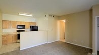 This single-floor residence offers a practical and functional layout with an open-concept design that connects the kitchen and living area. The living space is finished with wall-to-wall carpeting in a neutral tone, creating a warm and inviting atmosphere throughout.

The kitchen is positioned behind a raised half-wall peninsula that serves as both a visual divider and a convenient serving or casual dining surface. Light wood cabinetry lines the kitchen walls, providing ample storage, while black appliances — including a microwave and refrigerator — add a contrasting modern touch. Under-cabinet fluorescent lighting ensures the kitchen workspace is well-lit for meal preparation.

The walls throughout are painted in a soft, neutral beige tone, contributing to a bright and clean aesthetic. Ceiling-mounted HVAC vents are integrated into the space for year-round climate control. A hallway visible from the main living area leads to additional rooms, suggesting a well-organized and thoughtfully planned floor plan. The overall ambiance is clean, understated, and move-in ready, making it a versatile space suited to a variety of lifestyles.