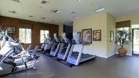 This fitness center offers a clean, well-organized space designed to support a complete cardio workout experience. The main exercise area is anchored by a row of modern treadmills equipped with individual display consoles, complemented by additional cardio machines along the perimeter. The flooring features durable, cushioned gym-grade material suited for high-traffic athletic use.

The interior design balances function with comfort. Warm earth-toned accent walls in deep brown contrast with the lighter cream-colored walls, creating a welcoming atmosphere. Framed artwork adorns the walls, adding a touch of character to the space. Natural light filters in through a window on one side, brightening the room alongside recessed and overhead fluorescent lighting, ensuring the space remains well-lit at all hours.

Ventilation is well considered, with multiple ceiling vents distributed throughout to maintain air circulation during workouts. The overall ambiance is both motivating and comfortable, striking a balance between a professional gym environment and an approachable community fitness space. The single-floor layout ensures easy accessibility, making this facility a convenient and practical destination for daily exercise.
