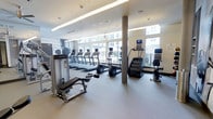 This fitness center offers a thoughtfully designed, single-floor workout facility that combines functionality with a bright, welcoming atmosphere. Large windows along one wall flood the space with natural light while providing views of the surrounding exterior, creating an open and energizing environment for exercise. The layout is spacious and well-organized, with a cushioned flooring surface that provides comfort and safety throughout. A row of treadmills lines the windowed wall, each equipped with individual screens for entertainment during cardio sessions. Complementing these are elliptical trainers and a stationary bike, offering a variety of low-impact cardiovascular options. Strength training equipment, including a cable machine and adjustable bench, is positioned to allow ample room for movement. Structural columns are integrated seamlessly into the design without interrupting the flow of the space. Overhead, recessed and linear lighting ensures consistent illumination throughout the room. The overall aesthetic is clean and modern, with a neutral color palette of whites and grays that contributes to a focused and professional fitness environment. This facility is well-suited for a full range of workout routines.