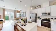 Located at 3800 Viceroy Place in DeLand, FL, this thoughtfully designed one-bedroom, one-bathroom home offers a smart, single-floor layout that maximizes every square foot. Light wood-style flooring flows throughout, complementing a bright, neutral color palette that enhances the sense of openness.

The kitchen is a standout feature, outfitted with crisp white shaker cabinetry extending to the ceiling, a full suite of stainless steel appliances including a French door refrigerator, electric range, built-in microwave, and dishwasher, and a central island with pendant lighting that doubles as a casual dining space. The kitchen opens seamlessly into the living room, which benefits from a sliding glass door that invites natural light and provides direct access to the private outdoor area.

The living room offers a comfortable, airy atmosphere with a ceiling fan, recessed lighting, and a gallery wall accent. The bedroom is a serene retreat with natural light from dual windows and access to a dedicated closet. The bathroom features white cabinetry, a broad vanity mirror, and a glass-enclosed shower. A dedicated laundry room with a stacked washer and dryer adds everyday convenience. The private, fenced backyard with a palm tree and greenery provides a charming outdoor escape.