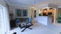This single-floor residence offers a thoughtfully designed open-concept layout that seamlessly connects the living area to the kitchen. The living room is a comfortable and inviting space, featuring plush wall-to-wall carpeting and crown molding that adds a refined architectural detail along the ceiling. Two large framed art pieces anchor the main wall, contributing a sense of style and visual interest to the room. A gray upholstered sofa accented with teal and patterned throw pillows serves as the focal point, complemented by a dark-framed glass coffee table.

The kitchen is accessible via a pass-through opening with a raised bar counter, creating a convenient and social connection between the two spaces. Warm wood cabinetry, pendant lighting, and dark appliances give the kitchen a functional yet polished look. Lush indoor greenery adds a natural touch to the kitchen area.

A hallway visible from the living room leads to additional areas of the home. The overall ambiance is clean, modern, and welcoming, with a neutral color palette punctuated by coordinated accent tones throughout.