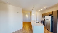 This single-floor residence offers a thoughtfully designed layout that balances modern finishes with functional living spaces. The kitchen is a standout feature, showcasing stainless steel appliances including a refrigerator, range, and microwave, complemented by sleek dark cabinetry with contemporary hardware and light quartz countertops. A peninsula with an integrated sink and pendant lighting above adds both style and utility, creating a natural connection to the open living and dining areas. Light wood-tone flooring runs throughout the main living spaces, lending warmth and continuity to the open floor plan.

The living area benefits from multiple windows fitted with horizontal blinds, allowing ample natural light to fill the space, along with a glass exterior door that provides additional brightness and outdoor access. The bedroom is finished with plush carpeting and features a large window with views to the surrounding neighborhood. An adjacent walk-in closet offers generous storage with wire shelving, while the bathroom includes a soaking tub with shower, tile surround, and built-in shelving niches. A secondary bathroom presents a clean, minimal design with a round mirror, pedestal sink, and gold-toned hardware accents. Throughout, the interiors are finished in crisp white tones, creating a bright and inviting atmosphere.