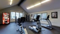 This fitness center is housed in a single-story space defined by a striking vaulted ceiling with exposed dark wood beams, giving the room a sense of openness and height. Overhead fluorescent lighting supplements the abundant natural light that streams in through multiple large windows along the walls, offering views of lush outdoor greenery and creating a bright, energizing workout environment.

The flooring consists of durable rubber gym matting, providing both safety and comfort underfoot. The space is outfitted with a comprehensive selection of True Fitness brand cardio equipment, including an upright stationary bike, an elliptical cross-trainer, and a treadmill positioned along the windowed wall to take advantage of the outdoor views. A multi-station cable strength training machine anchors the center of the room, offering versatile resistance exercise options, while additional strength equipment is visible along the perimeter.

The layout is thoughtfully arranged to allow for comfortable movement between machines without feeling cramped. The neutral gray walls and understated design keep the focus on functionality, while the architectural character of the vaulted ceiling and natural light elevate the overall atmosphere, making this fitness center both practical and pleasant to use.