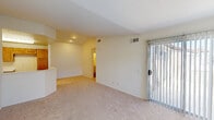 This single-story residence offers a well-organized layout with a bright, open feel throughout. The living area is a standout space, featuring vaulted ceilings that enhance the sense of volume, a wood-burning fireplace flanked by two windows, and a tiled entryway. A sliding glass door provides direct access to an outdoor patio and allows natural light to fill the room, which is finished with neutral-toned wall-to-wall carpeting.

The kitchen is efficiently designed in an L-shape and opens to the living area via a pass-through breakfast bar. It is equipped with warm honey-toned wood cabinetry offering generous storage, white appliances including a gas range, microwave, and dishwasher, a double basin sink, and wood-look vinyl flooring.

The bedroom features plush carpeting, a large sliding glass door with vertical blinds for natural light and privacy, and vaulted ceilings. An adjacent walk-in closet with built-in shelving provides notable storage capacity, along with a separate door leading to a hallway.

The bathroom includes a wide vanity with a light-toned countertop, an undermount sink, and a large mirror. Overall, the unit maintains a clean, neutral palette throughout, creating a versatile and move-in ready environment.