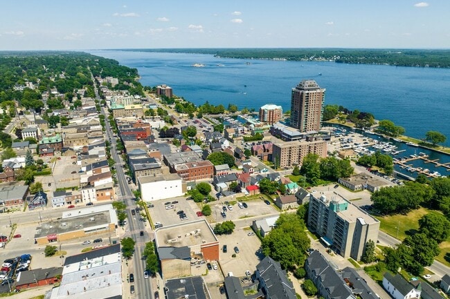 Aerial view of Brockville along the St. Lawrence River.