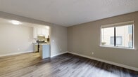Located at 50 Austin Ave in Hayward, California, this single-floor residence offers a thoughtfully updated interior with a cohesive, contemporary aesthetic throughout. The living area is spacious and open, featuring warm-toned wood-style plank flooring and neutral beige walls that create a welcoming atmosphere. A window brings in natural light and offers a view of the surrounding greenery. The space flows seamlessly into the kitchen via an open pass-through, making the layout feel connected and functional. The galley-style kitchen is well-appointed with granite countertops, crisp white upper cabinetry, gray lower cabinets, and a full suite of stainless steel appliances including a range, refrigerator, and dishwasher. Light wood-style flooring and a flush ceiling fixture complete the kitchen's clean, modern look. The bedroom is carpeted for comfort, with a window framing an outdoor view and a textured ceiling consistent with the rest of the unit. The bathroom features matching granite countertops, gray shaker-style cabinetry, a large mirror, built-in shelving, and a tub-shower combination, all finished with coordinating wood-style flooring. A dedicated entryway with hard flooring leads into the main living space, providing a practical transition area. Overall, the unit presents a well-maintained, move-in-ready interior with consistent finishes throughout.