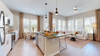 Located at 2035 Tapestry Park Drive in Indian Land, SC, this thoughtfully designed 2-bedroom, 3-bathroom residence offers a single-floor open-concept layout that maximizes both functionality and comfort. Light wood-tone flooring flows throughout the main living areas, complementing the warm, neutral color palette that unifies the space.

The kitchen is a standout feature, showcasing white cabinetry with tall uppers, a white subway tile backsplash, stainless steel appliances, and a center island with a dark countertop and pendant lighting above — ideal for both meal prep and casual dining. The adjacent dining area benefits from large windows with chevron-patterned drapes, filling the space with natural light. The living room continues this bright, airy aesthetic, with an expansive window arrangement that invites outdoor views and a comfortable, open atmosphere.

The primary bedroom is a serene retreat, offering generous proportions, plush carpeting, large windows with exterior views, and access to a dedicated closet. The second bedroom mirrors the same calm, well-lit character. Three bathrooms provide ample convenience for residents and guests alike. Paneled interior doors and clean architectural lines reinforce the home's modern yet welcoming design throughout.