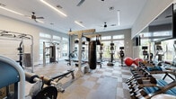 This fitness center is a thoughtfully designed, single-floor workout facility offering a spacious and well-organized environment for a full range of exercise activities. The interior is finished with neutral gray walls and a checkered carpet tile floor that adds a modern aesthetic while providing comfort and durability underfoot. Ceiling fans and linear LED lighting are installed throughout, ensuring excellent ventilation and bright, even illumination across the entire space.

The facility is lined with large windows along multiple walls, flooding the interior with abundant natural light and providing views of the surrounding outdoor greenery. A wall of mirrors further enhances the sense of openness and allows users to monitor their form during exercise.

The cardio zone features multiple treadmills and elliptical machines, each equipped with individual display screens. The strength training area is extensively equipped, including a multi-functional cable and pulley rack system, a Smith machine, a dedicated punching bag station with TRX suspension straps, a weight bench, a full dumbbell rack, kettlebells, medicine balls, and a leg extension machine. Built-in shelving provides organized storage for accessories and equipment. The facility also includes a flat-screen television mounted on the wall. Entry is through glass-paneled doors, and posted fitness center guidelines are visible near the entrance.