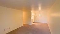 This single-floor residential space offers a straightforward and functional layout designed for comfortable everyday living. The open living area is finished with neutral-toned wall-to-wall carpeting that runs throughout, creating a cohesive and warm atmosphere across the main living space. Smooth, light-colored walls and a standard ceiling height contribute to a clean, understated aesthetic throughout.

A partial dividing wall separates the living area from the kitchen zone, providing a sense of defined space while maintaining an open feel between the two areas. The kitchen features white upper cabinetry and a white refrigerator, lending a bright and tidy appearance to the cooking space. A pendant light fixture hangs above, providing focused illumination and adding a modest decorative touch. The kitchen area transitions naturally into the main living space, making the overall floor plan feel connected and easy to navigate.

Recessed lighting in the living area provides additional overhead illumination, complementing the ambient warmth of the space. Multiple electrical outlets are positioned along the walls, offering practical convenience throughout. The overall ambiance is calm and neutral, making it a versatile space well-suited for a variety of furnishing and decorating styles.