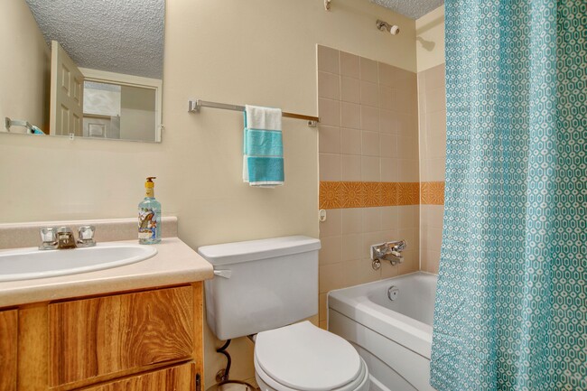 A bathroom with a shower, tub, and mirror over the sink - Cedarcrest Manor