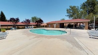 This outdoor amenity area centers around a generously sized kidney-shaped swimming pool with clear turquoise water, surrounded by an expansive concrete deck that provides ample space for lounging and recreation. The pool area is well-equipped with multiple lounge chairs positioned along the poolside, offering a comfortable setting for relaxation under open skies.

A single-story building with a distinctive red tile roof and warm tan stucco exterior serves as the anchor structure of the space. The building features a covered patio area supported by posts, providing shaded seating. A utility door and informational signage are visible along the building's facade, suggesting restroom or storage facilities are accessible to pool users.

The area is enclosed by a wrought iron fence lined with neatly trimmed hedging, offering both privacy and a clean aesthetic boundary. Mature trees—including deciduous and evergreen varieties—are scattered throughout the perimeter, providing natural shade and greenery against the backdrop of a clear blue sky. The overall setting conveys a sun-drenched, resort-style atmosphere well-suited for warm-weather outdoor enjoyment.
